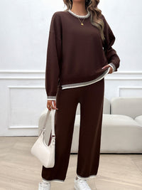 Devine Round Neck Dropped Shoulder Top and Pants Sweater Set Trandify Deal