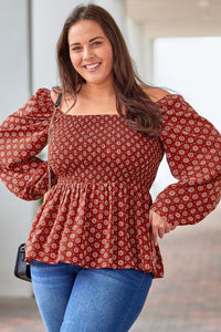 Plus Size Square Neck Balloon Sleeve Peplum Blouse Trandify deal