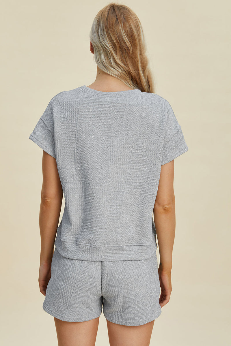 Double Take Full Size Texture Short Sleeve Top and Shorts Set Trandify deal