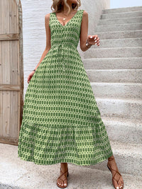 Perfee Printed V-Neck Tie Waist Midi Dress - Trandify Deal