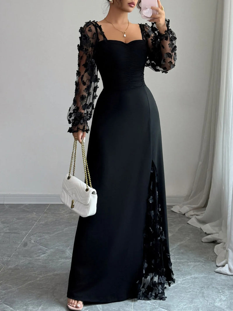 Elegant Sweetheart Neck Sheer Sleeve Maxi Dress for Women – Flowy Long Formal Gown