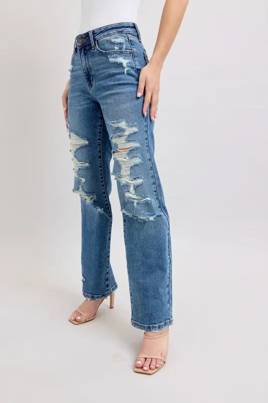 Judy Blue Destroyed Straight Leg Jeans high waist style