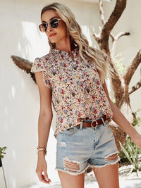 Floral Notched Cap Sleeve Blouse Trandify deal