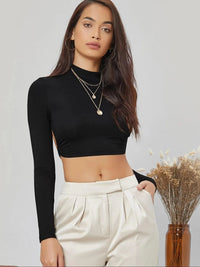 Sexy Backless Long Sleeve Cropped Mock Neck T-Shirt for Women – Trendy Streetwear Top