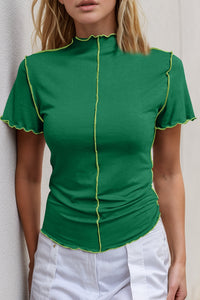 Basic Bae Contrast Trim Mock Neck Short Sleeve T-Shirt - Trandify Deal