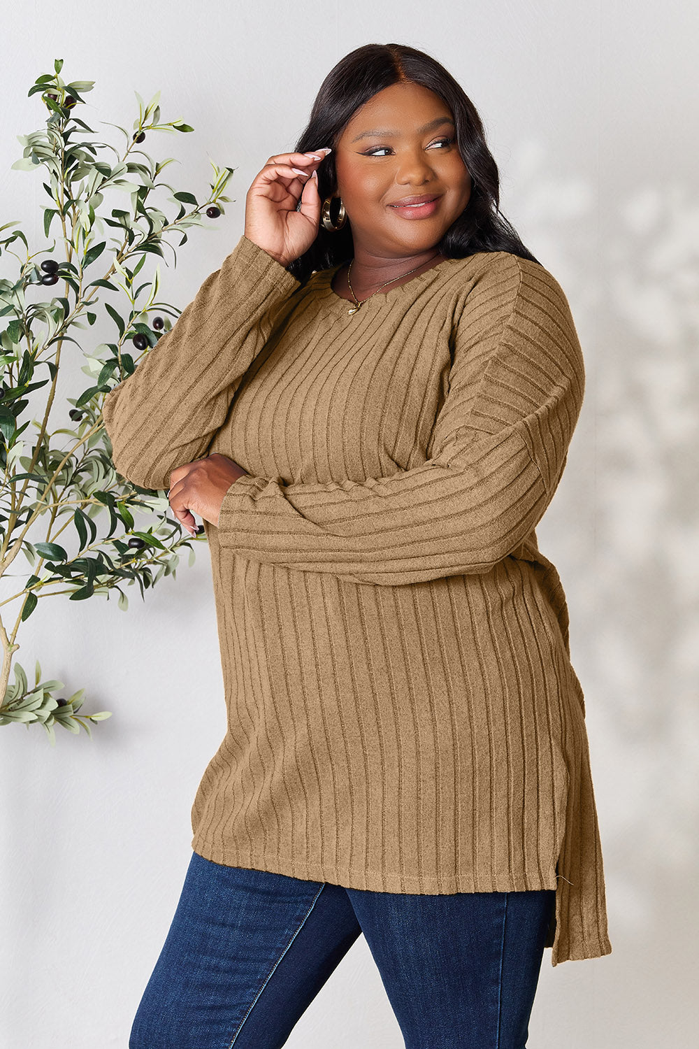 Basic Bae Full Size Ribbed Round Neck Long Sleeve Slit Top Trandify Deal