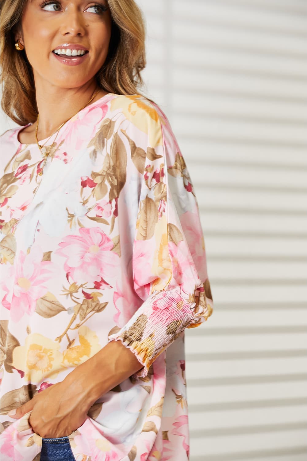 Double Take Floral Round Neck Three-Quarter Sleeve Top Trandify Deal
