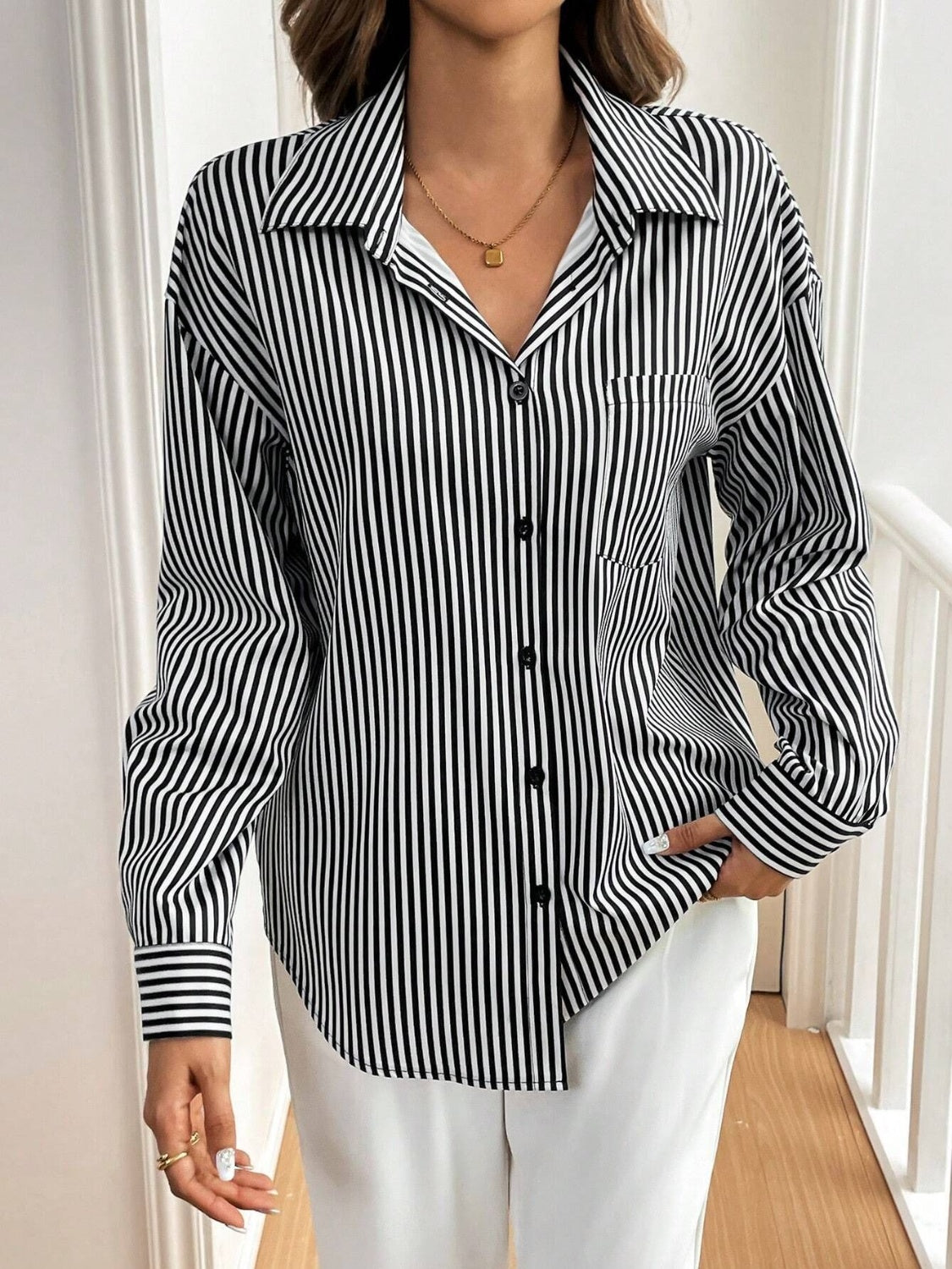 Cutout Bow Back Striped Collared Neck Long Sleeve Shirt Trandify Deal