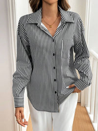Cutout Bow Back Striped Collared Neck Long Sleeve Shirt Trandify Deal