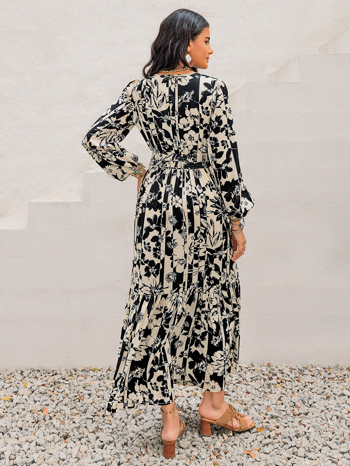 Smocked Printed Tie Neck Long Sleeve Dress Trandify Deal