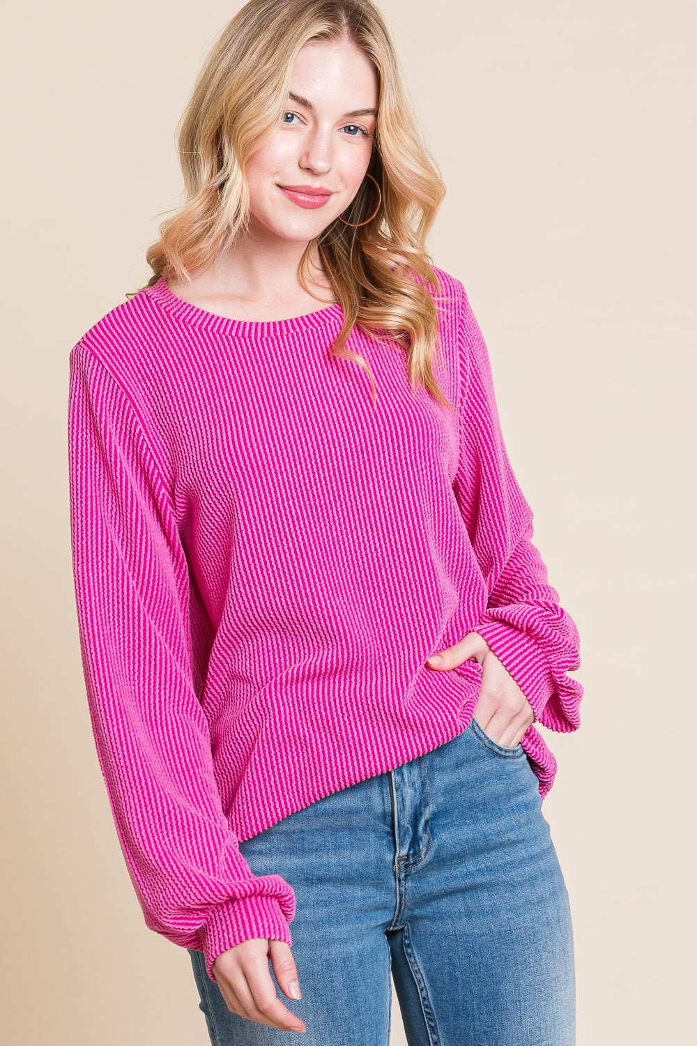 BOMBOM Long Sleeve Curved Hem Ribbed T-Shirt Trandify Deal