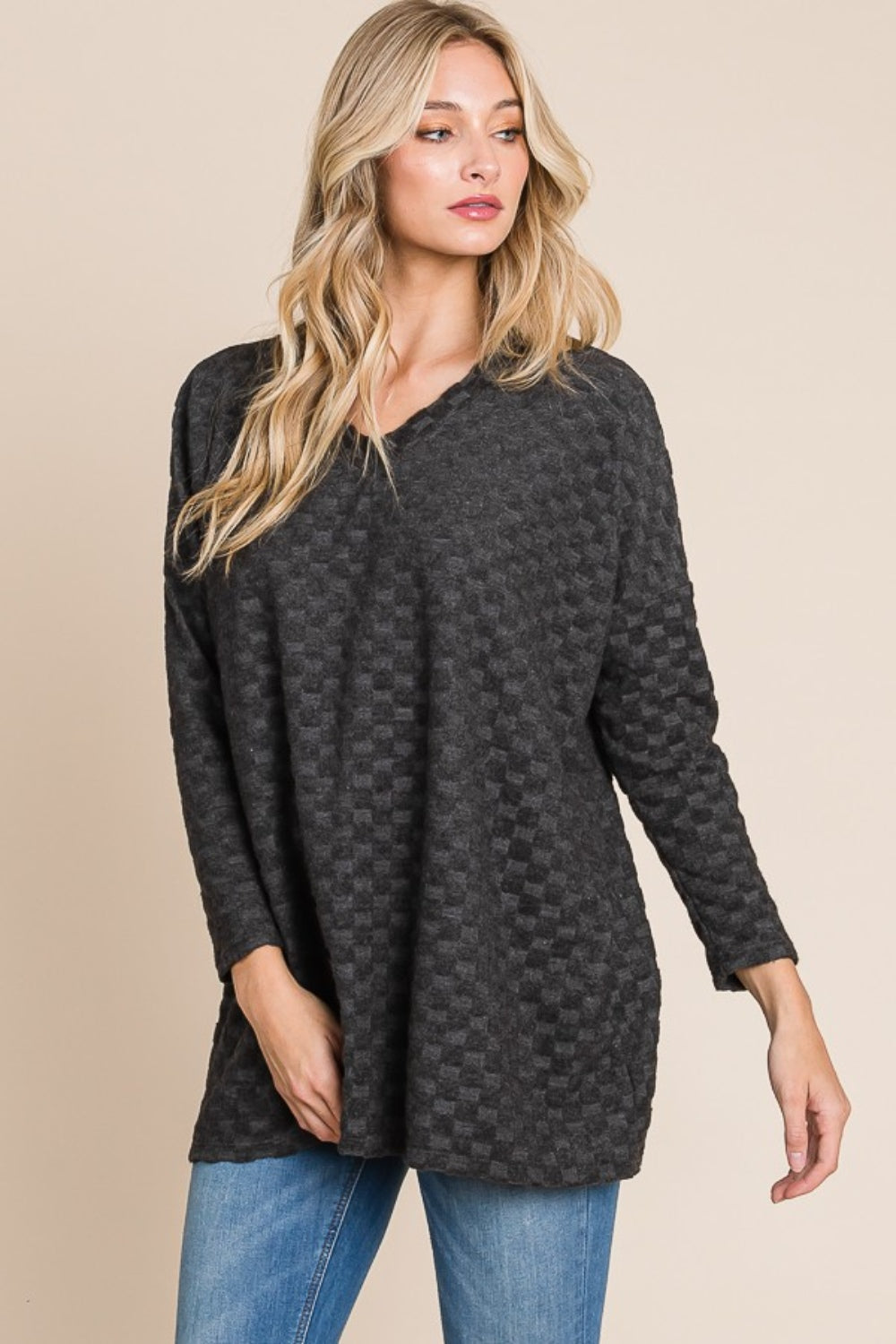 BOMBOM Checkered Long Sleeve V-Neck T-Shirt Trandify Deal