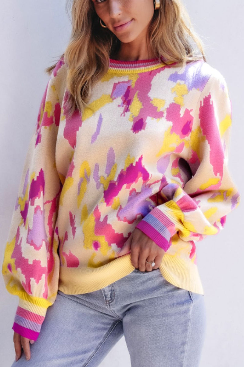 Contrast Round Neck Long Sleeve Sweater Trandify deal