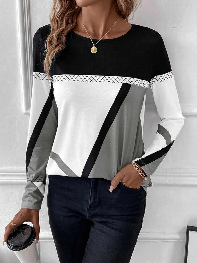 Contrast Round Neck Long Sleeve T-Shirt in black and white colors
