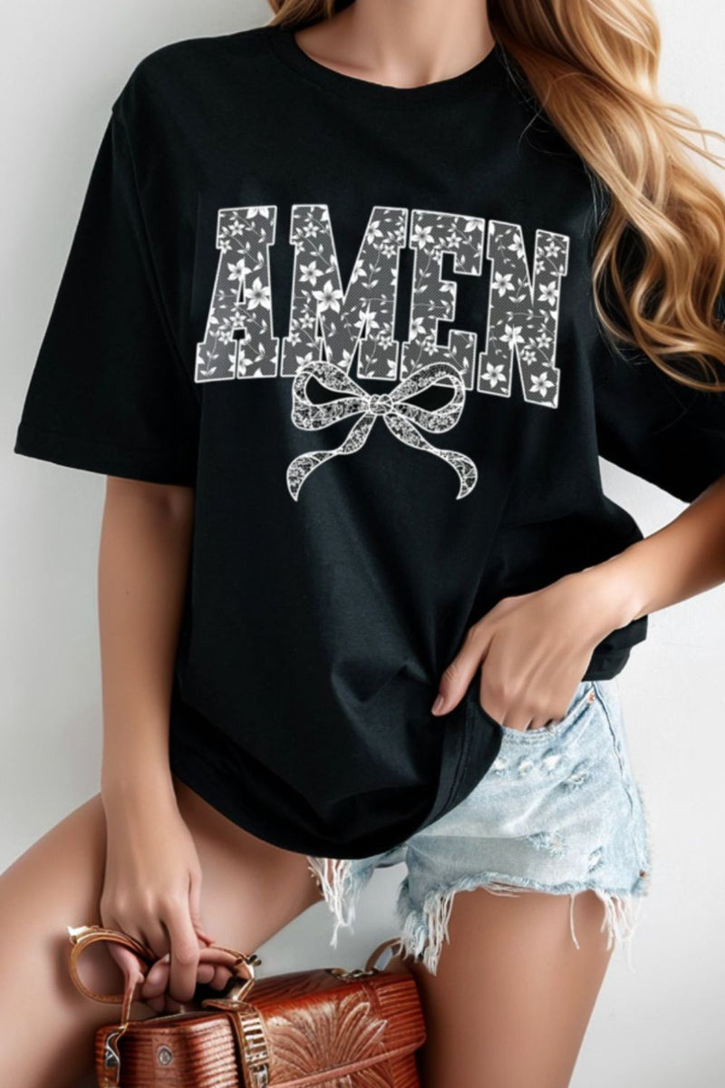 AMEN Bow Round Neck Short Sleeve T-Shirt in a basic style with a chic bow detail, perfect for casual wear.