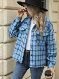 Plaid Collared Neck Long Sleeve Jacket Trandify Deal