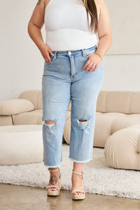RFM Full Size Tummy Control High Waist Raw Hem Distressed Jeans Trandify deal