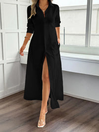 Elegant Slit Long Sleeve Maxi Shirt Dress for Women – Flowy Casual & Office Wear