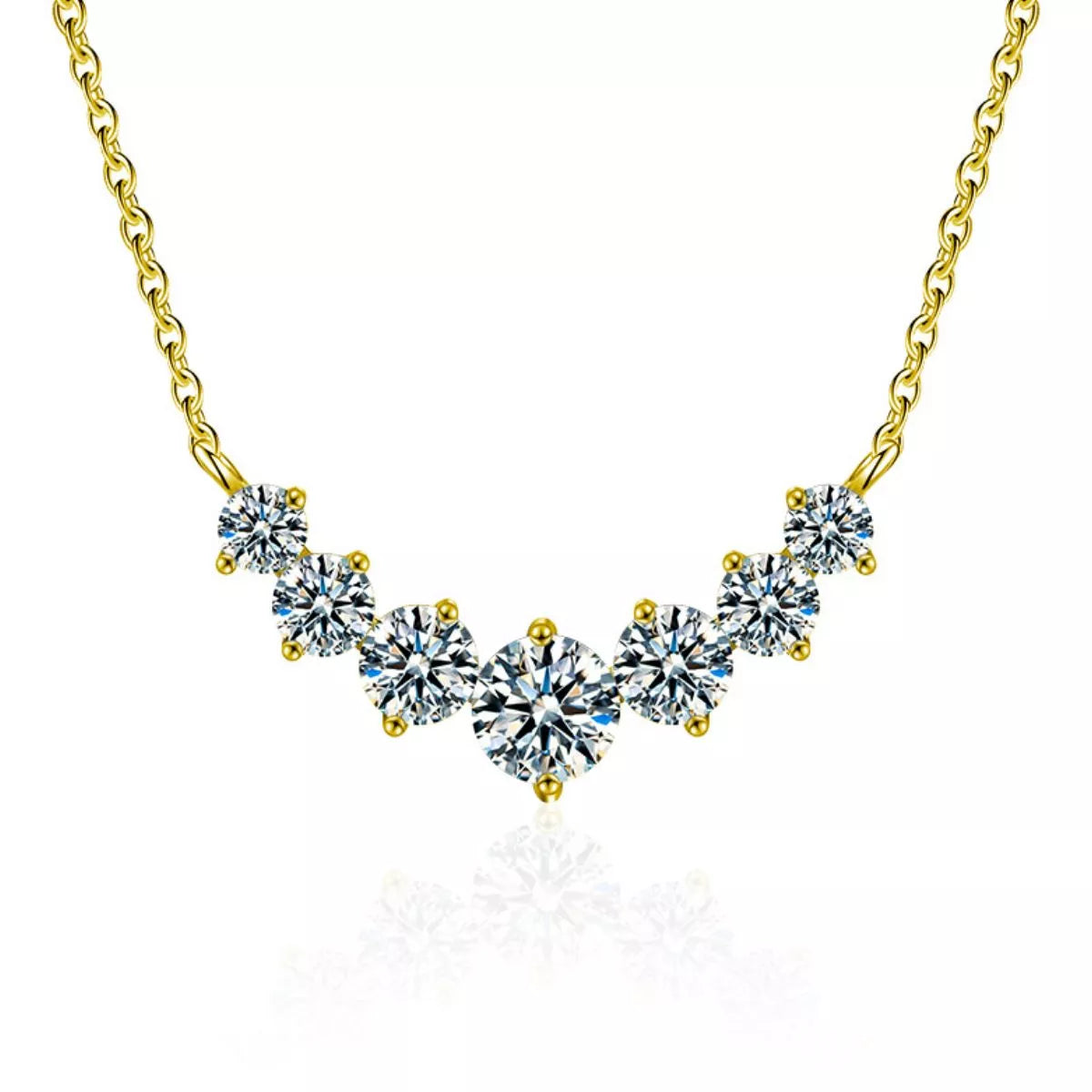 1.7ct moissanite solitaire necklace with gold chain and sparkling round stones.