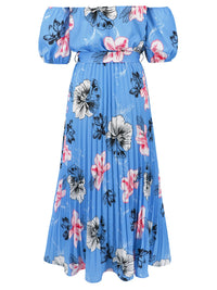 Pleated Floral Off-Shoulder Short Sleeve Midi Dress Trandify deal