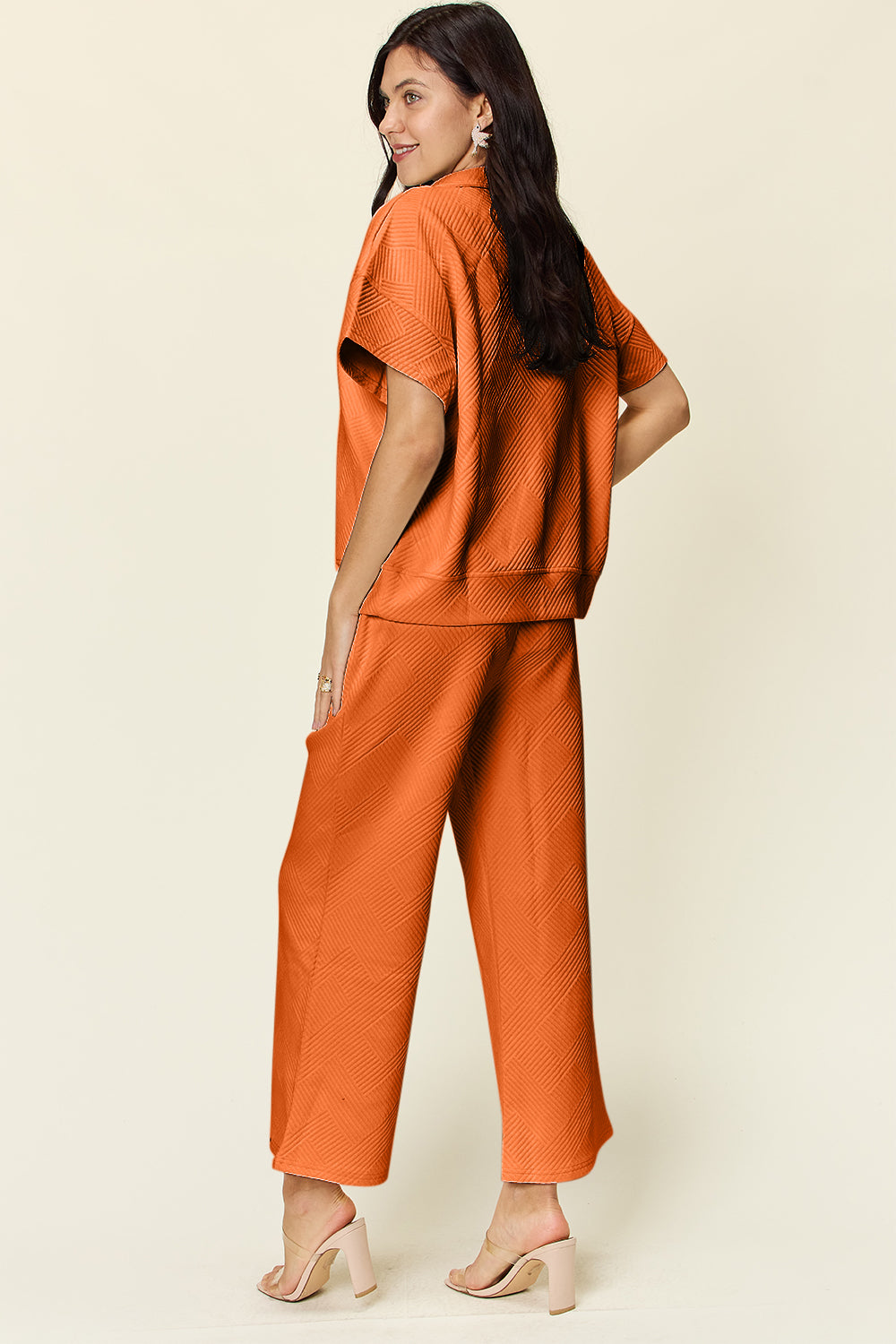Double Take Full Size Texture Half Zip Short Sleeve Top and Pants Set Trandify Deal