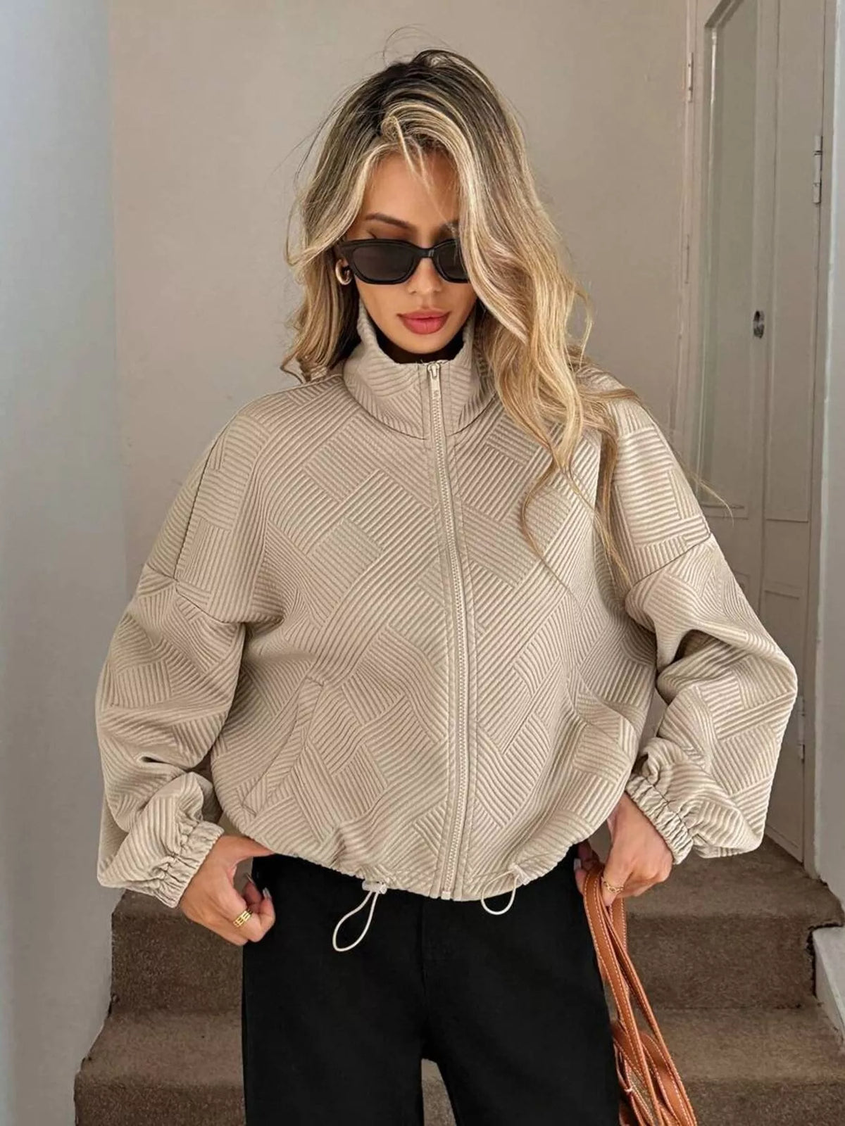 Women's Ribbed Drawstring Jacket - Casual Long Sleeve Zip-Up