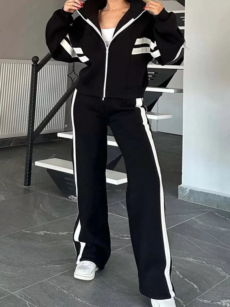 Women's Contrast Stripe Tracksuit Set - Zip Up Jacket & Pants