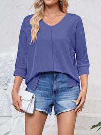 Lovelet Textured Round Neck Three-Quarter Sleeve Blouse Trandify deal