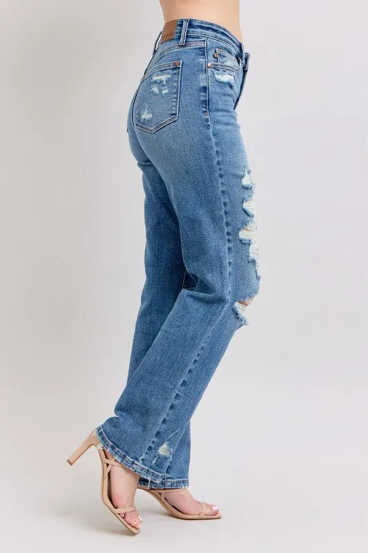 Judy Blue Destroyed Straight Leg Jeans high waist style