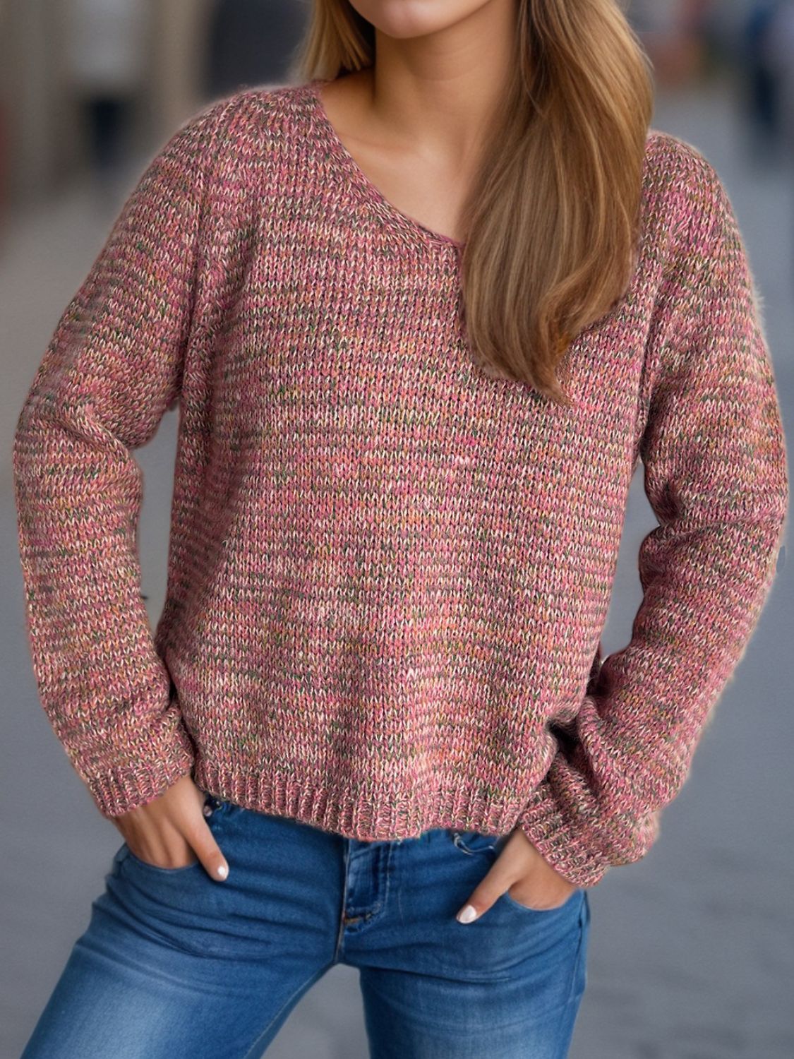 Heathered V-Neck Long Sleeve Sweater Trandify Deal