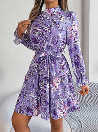 Printed Mock Neck Flounce Sleeve Mini Dress Trandify deal