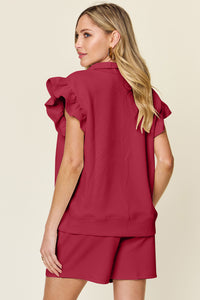 Double Take Full Size Texture Flounce Sleeve Top and Drawstring Shorts Set - Trandify Deal