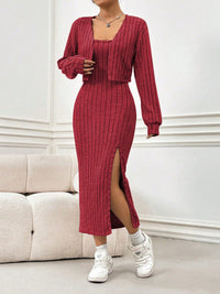 Ribbed Long Sleeve Cropped Cardigan and Slit Cami Dress Set Trandify Deal