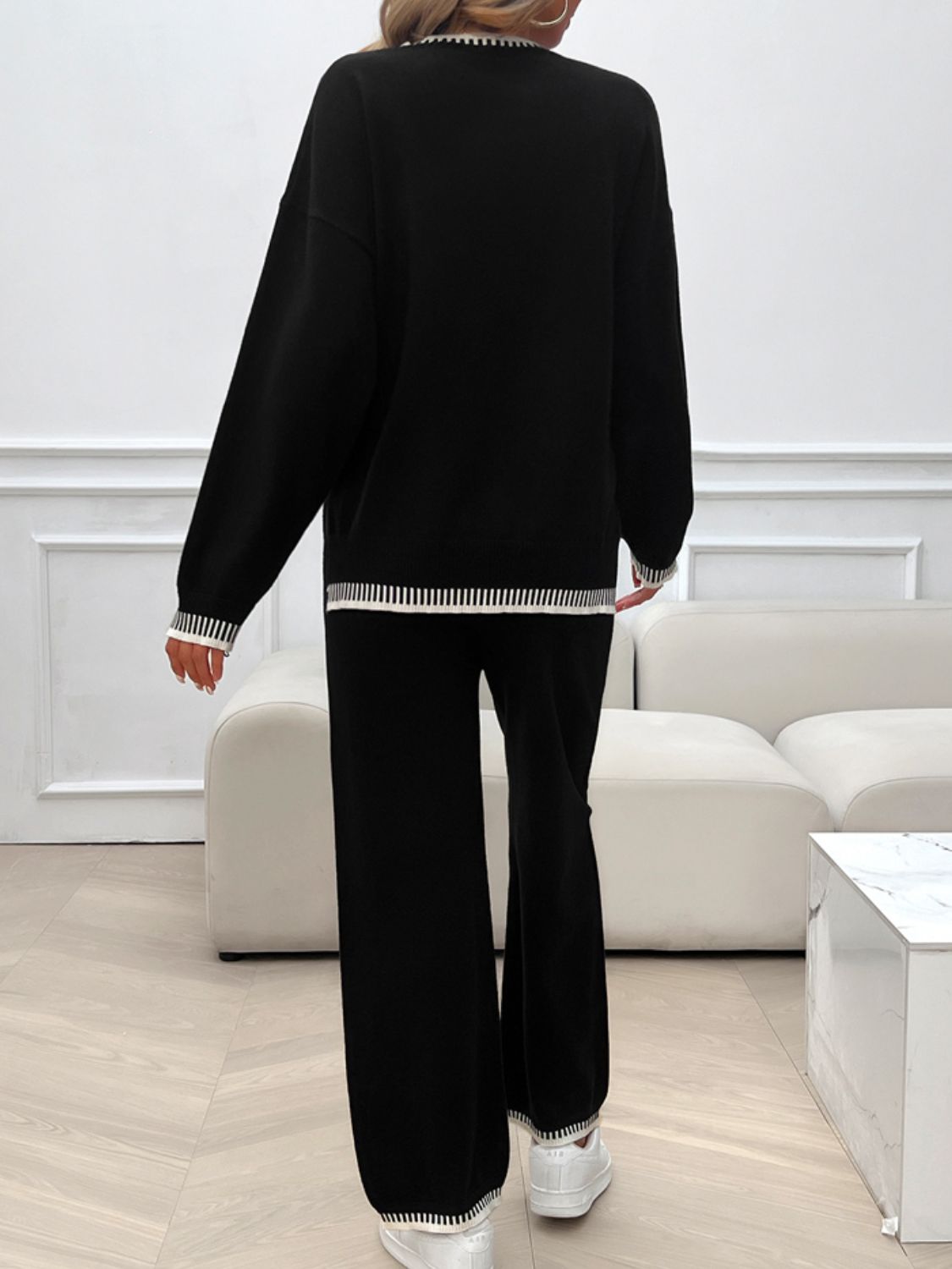 Devine Round Neck Dropped Shoulder Top and Pants Sweater Set Trandify Deal