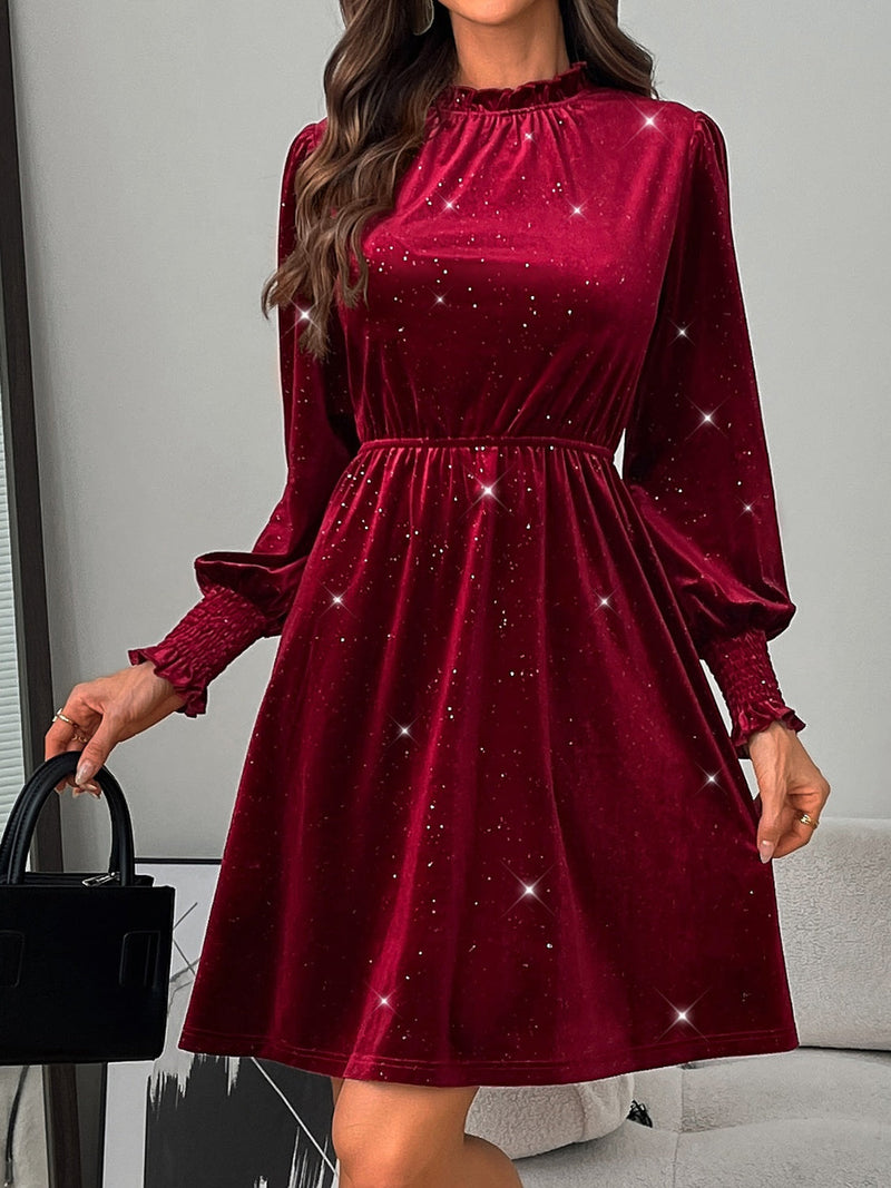 Glitter Mock Neck Long Sleeve Mini Dress Trandify Deal
