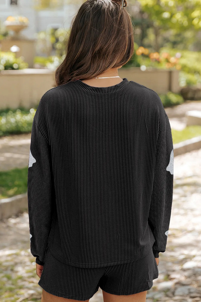 Glitter Ghost Round Neck Long Sleeve Top and Shorts Set - Trandify Deal