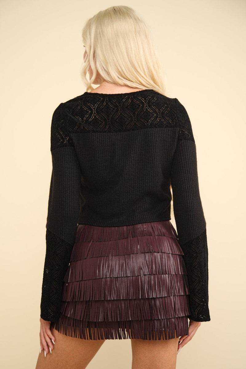 VERY J V-Neck Lace Detail Button Down Crop Ribbed Knit Top Trandify Deal