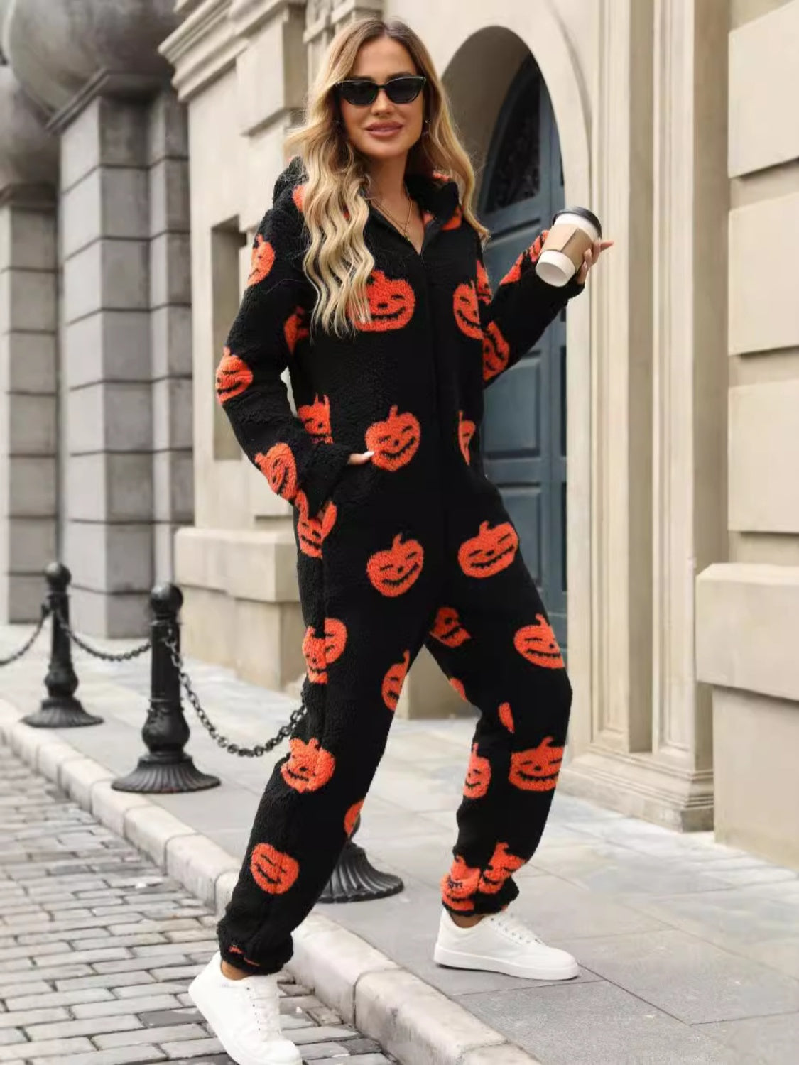 Women’s Pumpkin Color Hooded Romper – Trendy & Warm Outfit