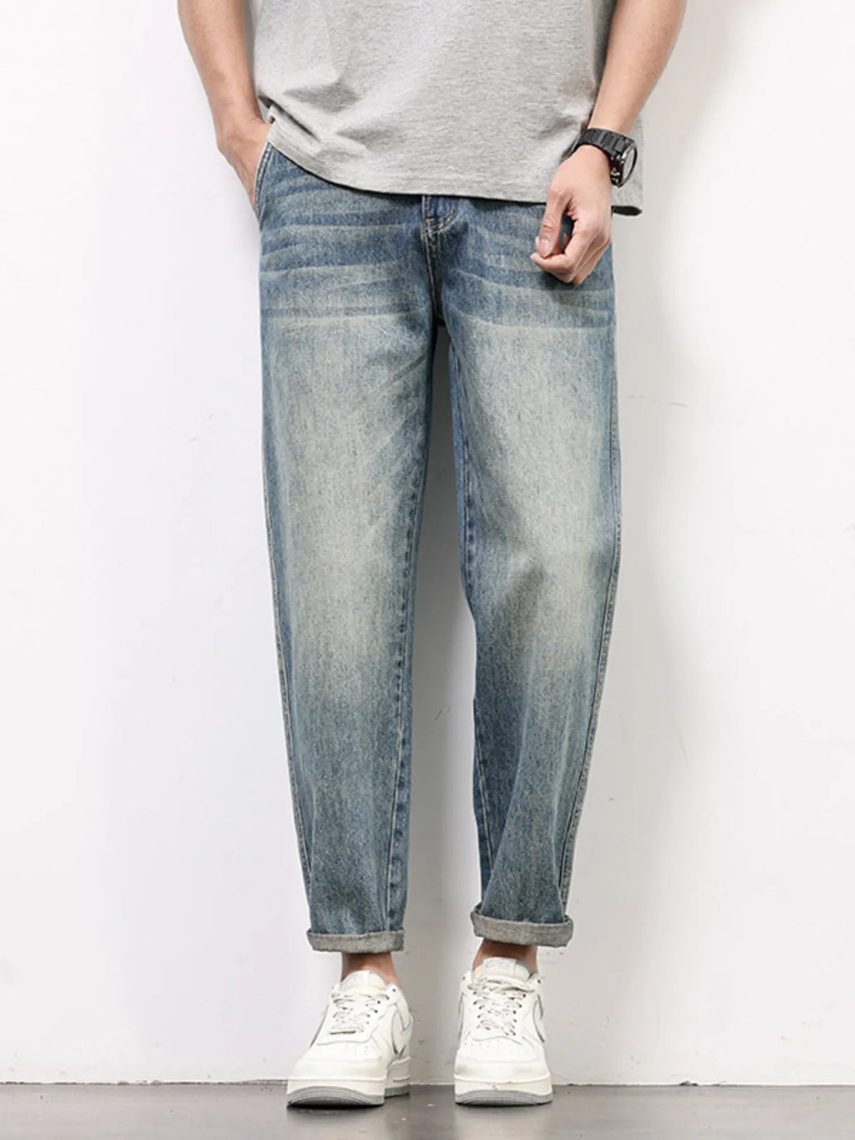 Mens loose fit washed jeans front view, relaxed regular fit casual denim pants