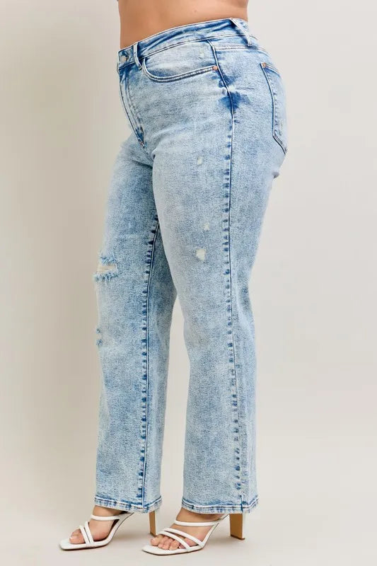 Judy Blue Plus Size 90's Straight Jeans - High Waist Distressed Denim for Women | TrandifyDeal USA