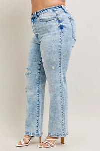 Judy Blue Plus Size 90's Straight Jeans - High Waist Distressed Denim for Women | TrandifyDeal USA