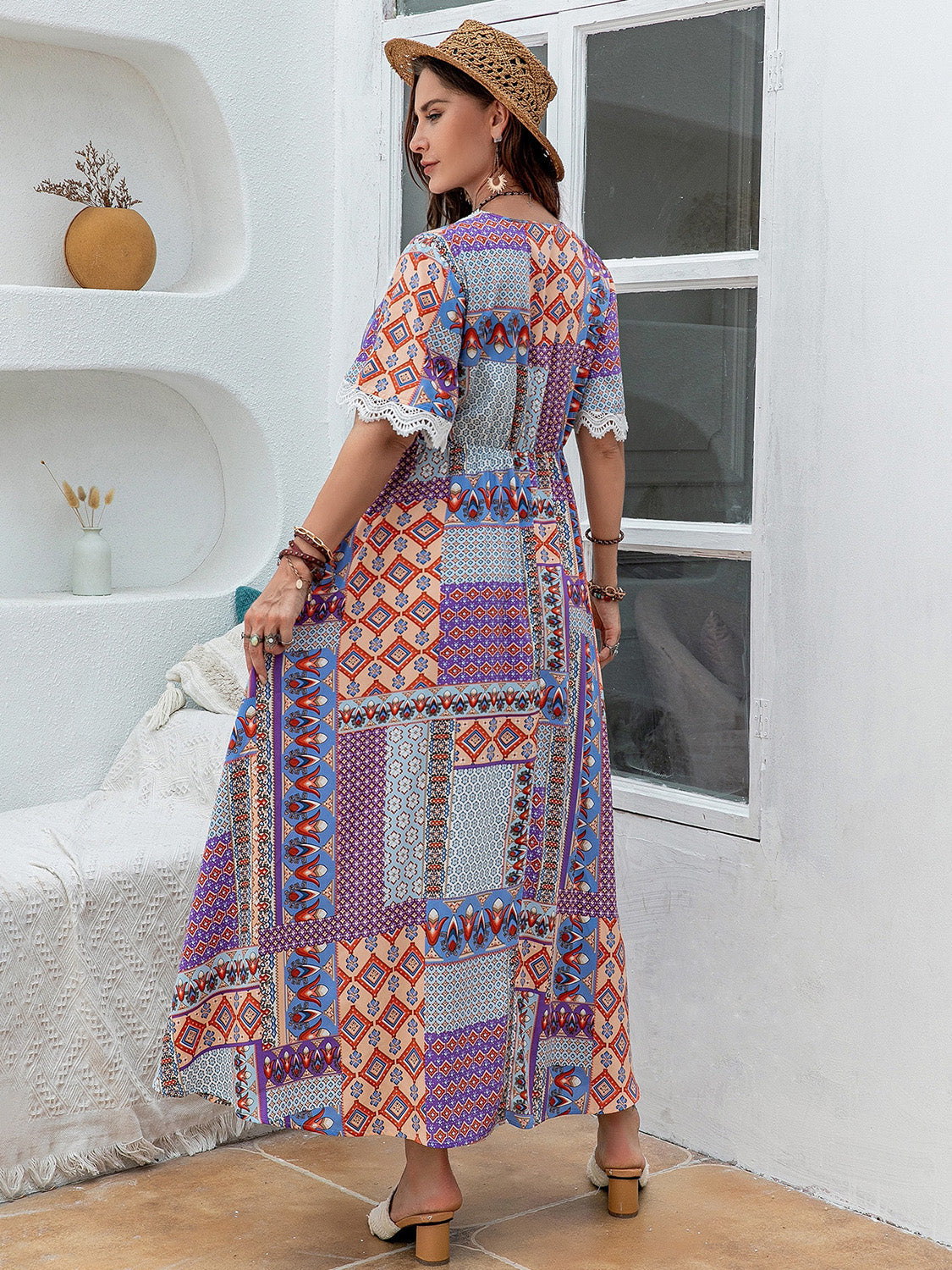 Plus Size Printed Lace Detail Short Sleeve Dress Trandify deal