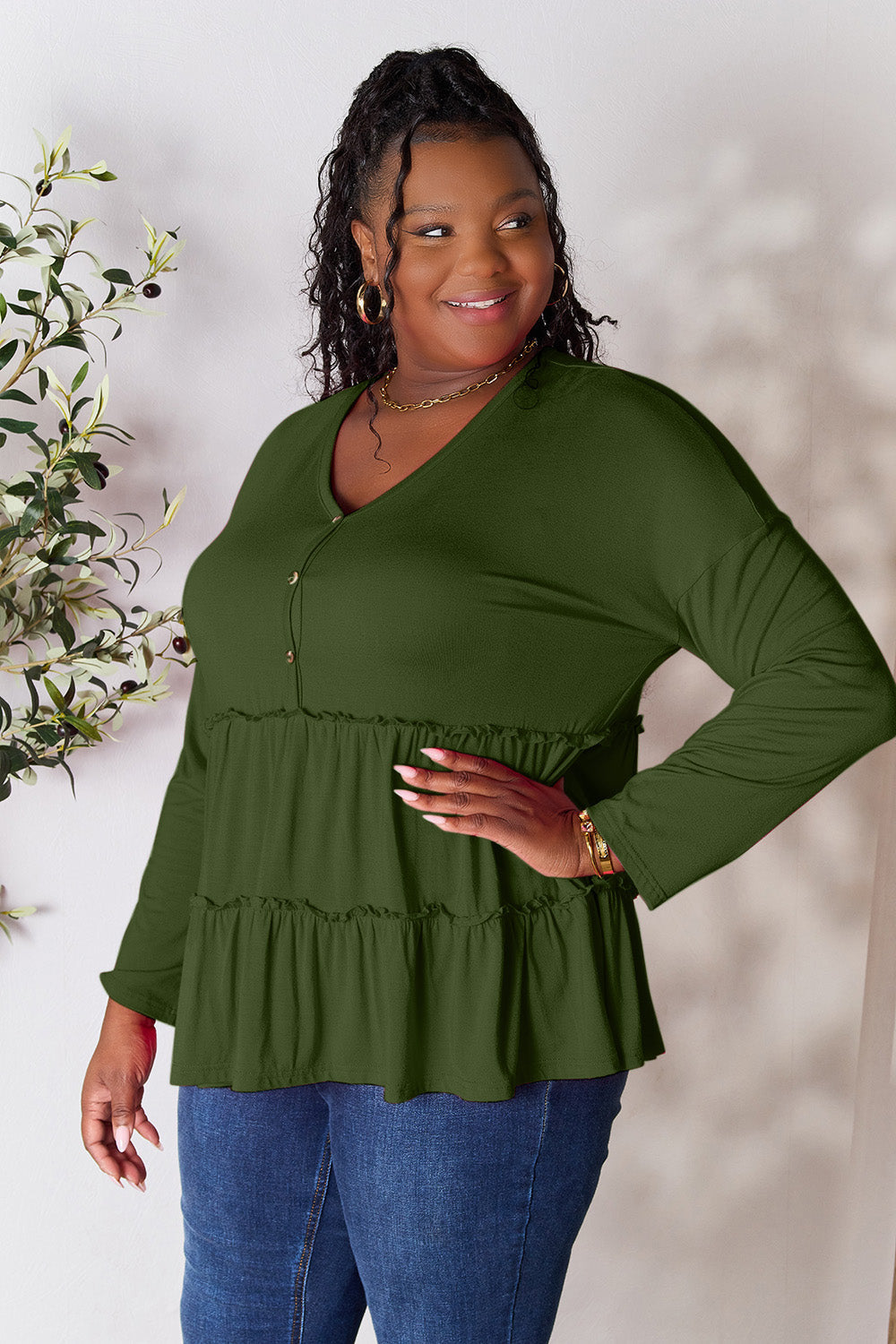Double Take Half Button Long Sleeve Ruffle Hem Blouse Trandify Deal