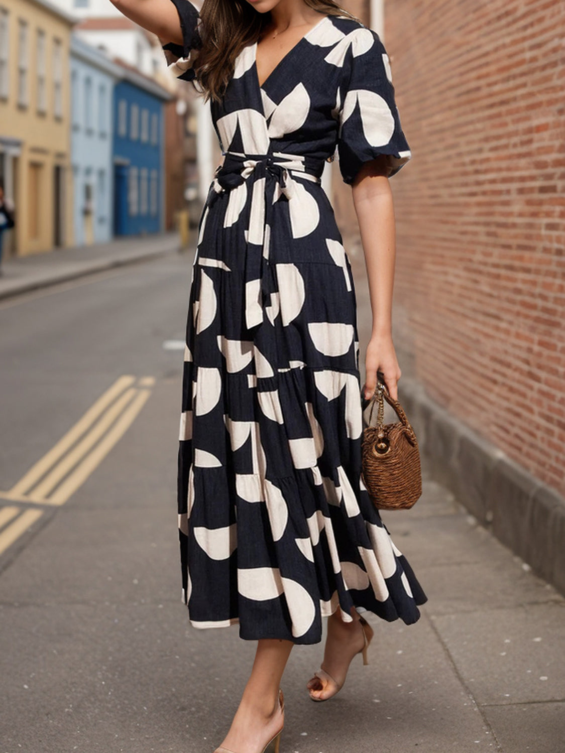 Tied Slit Printed Half Sleeve Midi Dress Trandify Deal