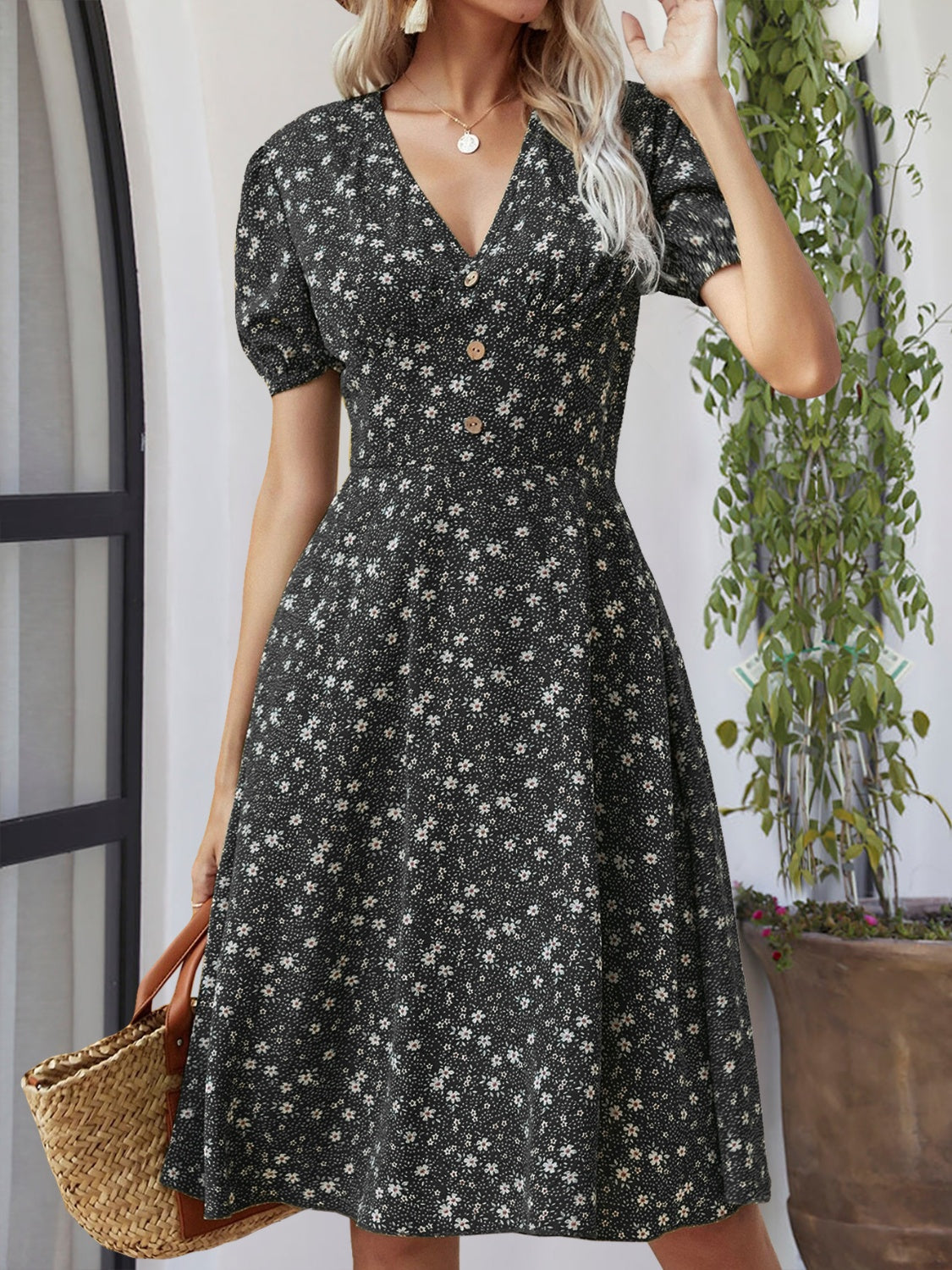 Printed V-Neck Short Sleeve Dress Trandify deal