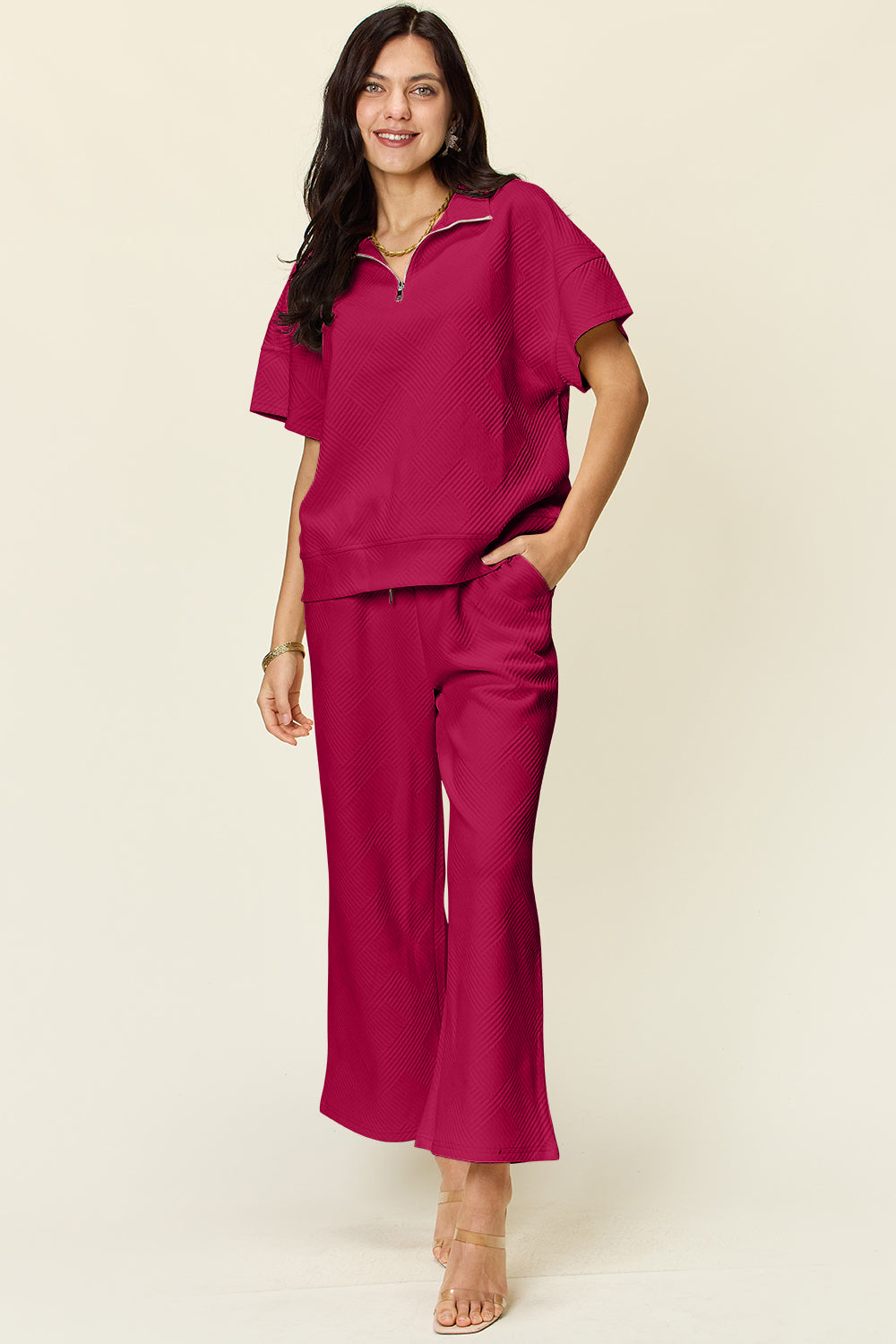 Double Take Full Size Texture Half Zip Short Sleeve Top and Pants Set Trandify Deal
