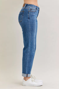 Plus Size Judy Blue Cuffed Jeans in a mid-rise, classic fit shown on a model.