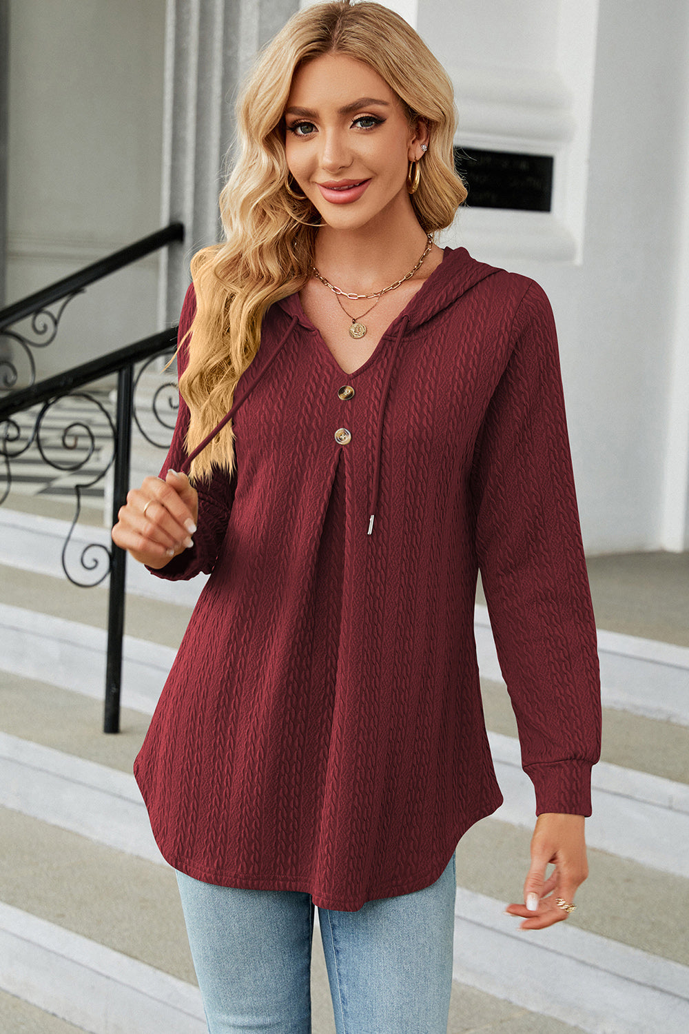 Decorative Button Drawstring Long Sleeve Hoodie Trendsi