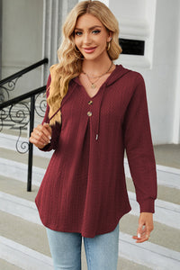 Decorative Button Drawstring Long Sleeve Hoodie Trendsi