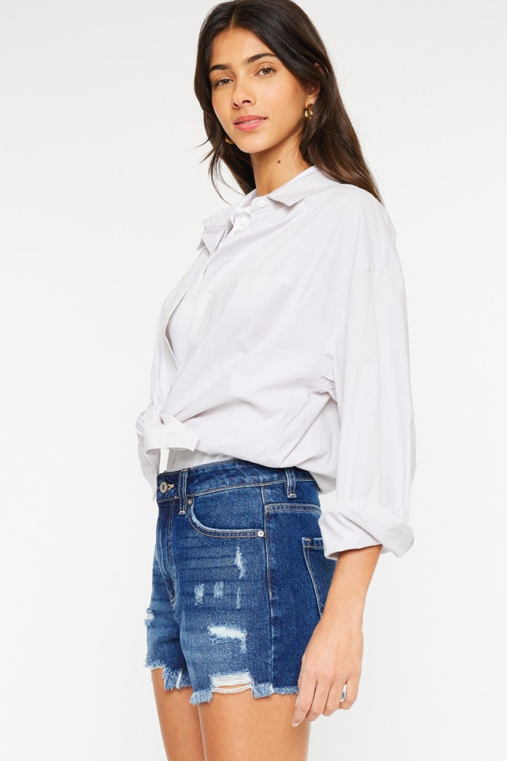 Kancan High Rise Frayed Hem Denim Shorts Trandify deal